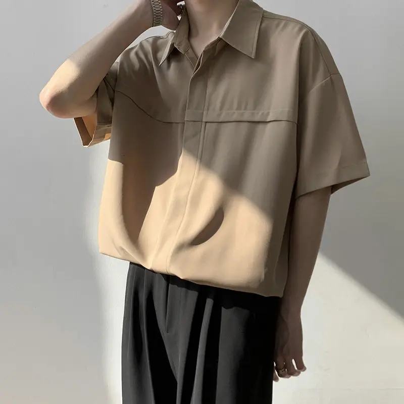 Summer Short-sleeved Shirt Men's Fashion Brown White Shirt Men Streetwear Korean Loose Casual Shirts Mens Dress Shirt M-2XL