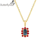 BK 14k Yellow Gold Natural Ruby Topaz Necklace For Women Genuine Gold 585 With Red Blue Pendant Anniversary Wedding Fine Jewelry