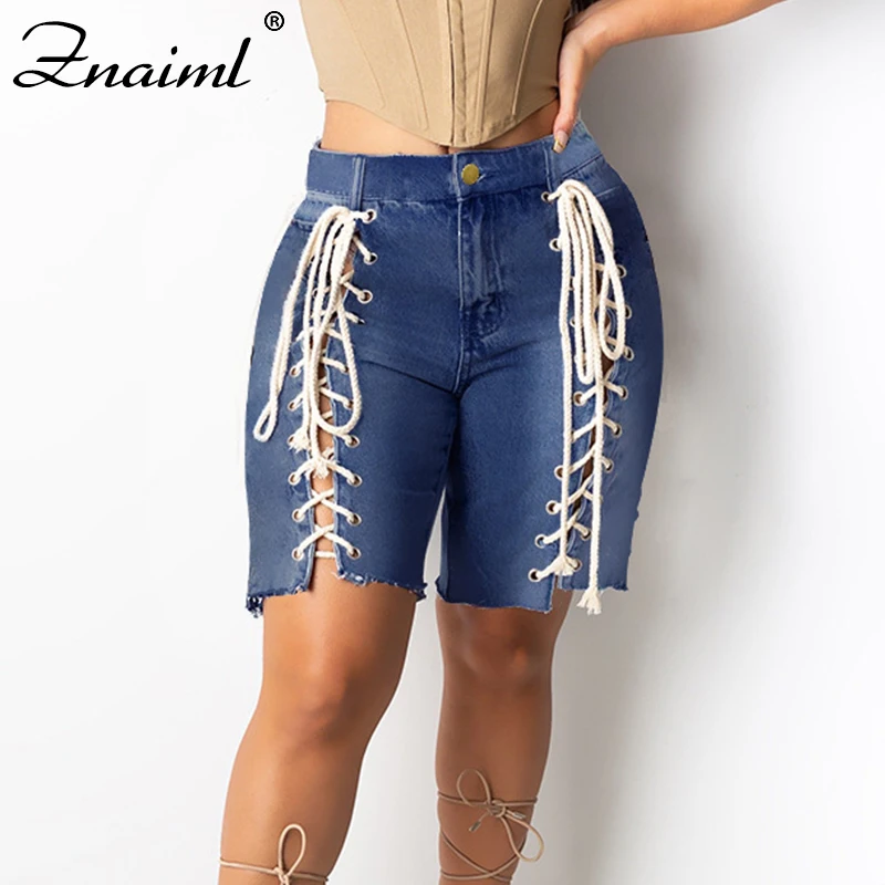 

Znaiml Double Bandage High Waist Denim Shorts Women Hollow Out Hole Streetwear Blue Jean Shorts 2021 Summer New Shorts Female