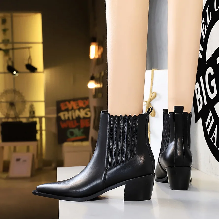 

BIGTREE 2022 Spring Sewing Women MATURE Shoes Chelsea Boots Fashion Mid-Calf Solid PU Pointed Toe Squared Heels Black Size 34-40