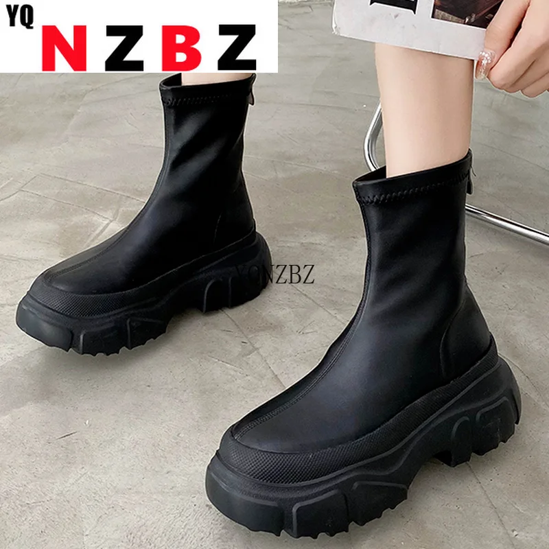

2021autumn New Fashtion Platform Pu Leather Women's Ankle Boots Round Head Square Heel Back Zipper Women's Casual Short Boots