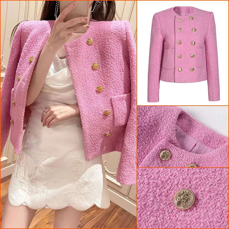 

Order New Style Small Fragrance Celebrity Style Slim Tweed Jacket Small Double Row Button Round Neck Jacket