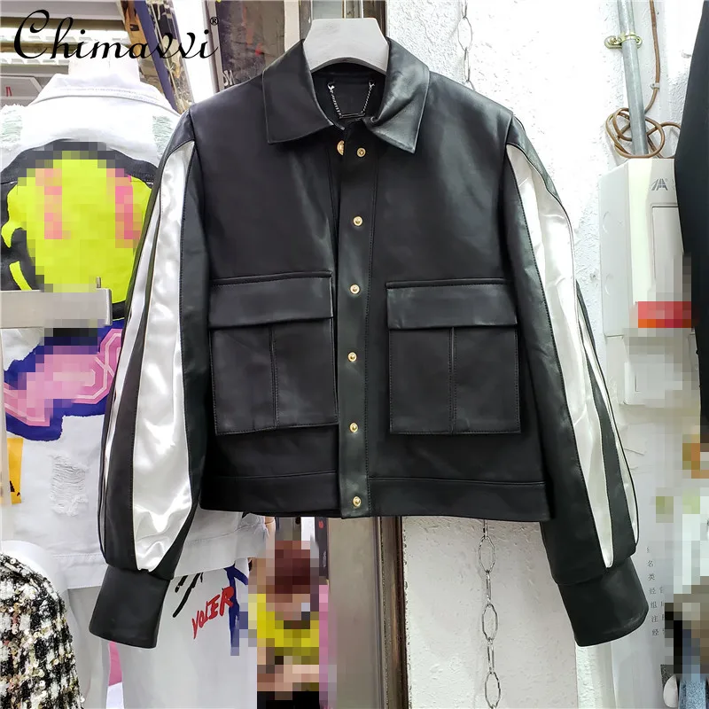 

Streetwear All-matching Fashion Women's Casual Lapel Long Sleeves Color Contrast PU Leather Coat Loose Motorcycle Jacket