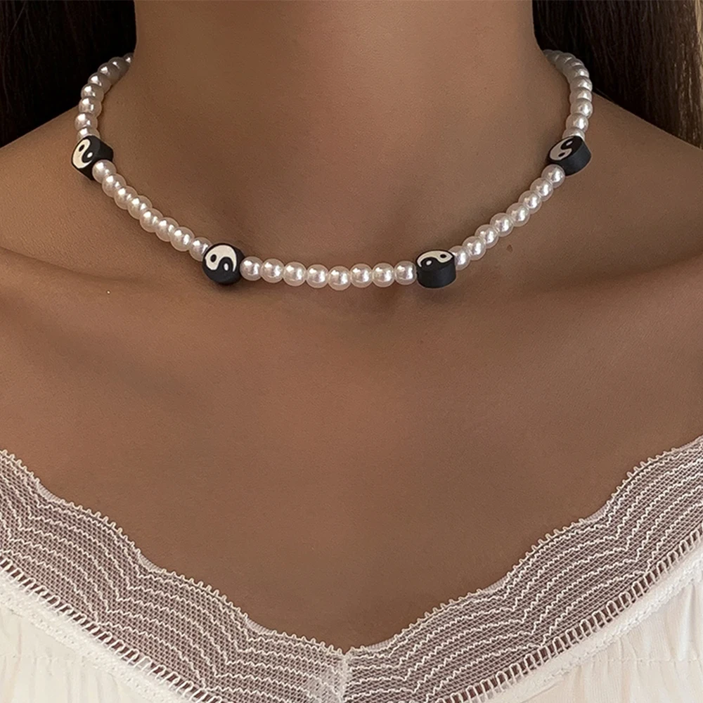 

Ingemark Vintage Circle Tai Chi Yin Yang Gossip Choker Necklace Boho Imitation Pearls Neck Chain Necklace for Women Jewelry Gift