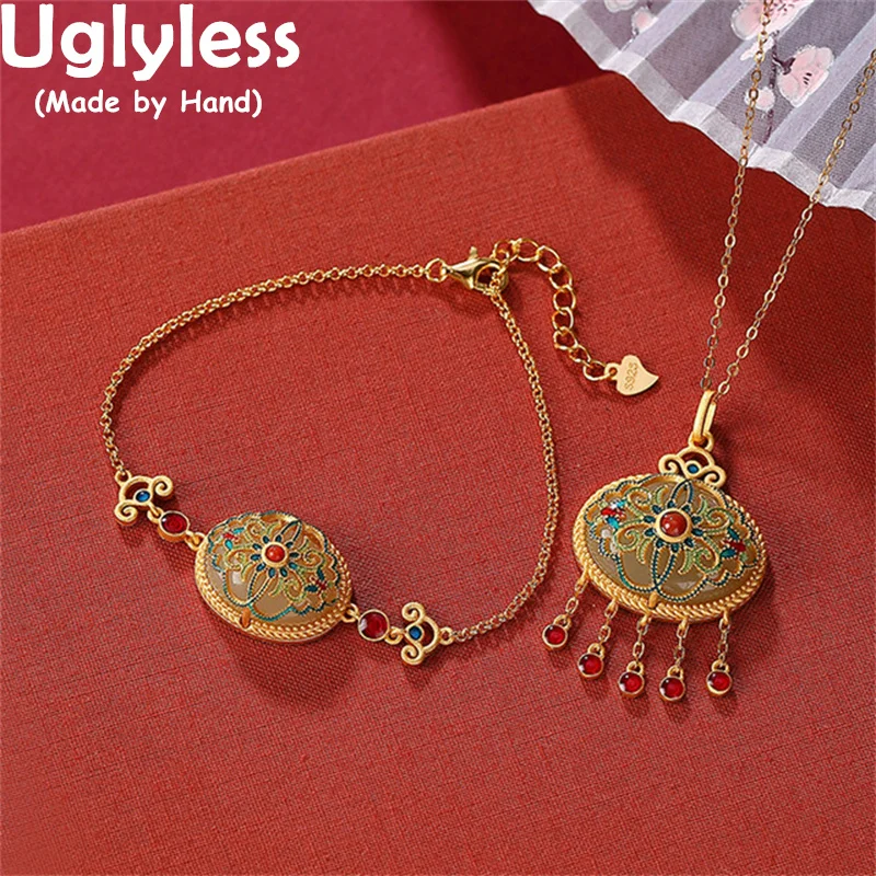 

Uglyless Enamel Flowers Jewelry Sets for Women Exotic Tassels Bracelets Necklaces Natural Jade Pendants 925 Silver NO Chains