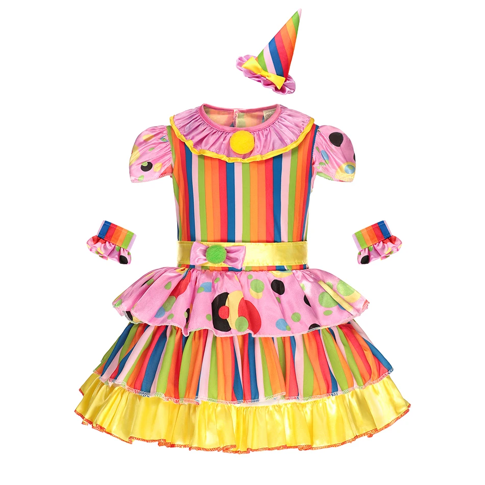 

Girls Clown Costume for Halloween Party Kids Fancy Cosplay Clothing New Rainbow Stripes Polka Dots Dress Set Children Vestidos