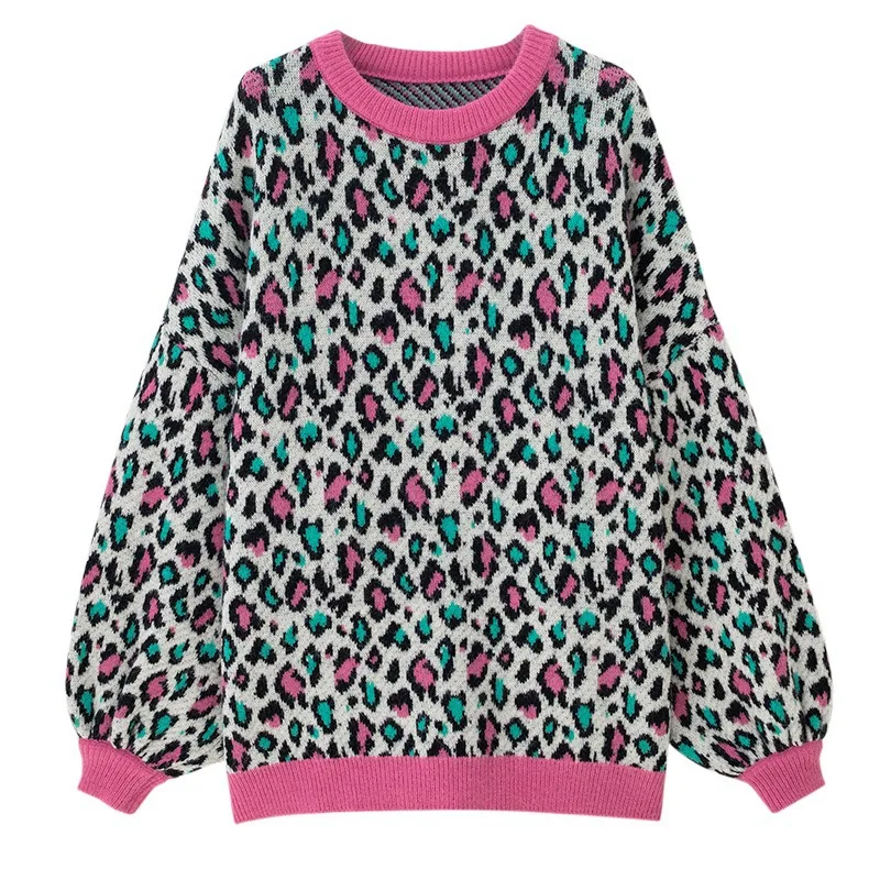 

bazhenova Women autumn leopard sweaters girl youth loose elegant winter knit tops office lady stitching charm sweater woman R991
