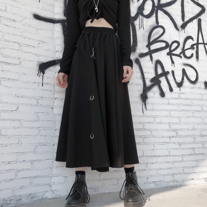 

ins personality street metal lock autumn wild casual Korean A-line skirt high waist was thin bf wind different ways to wear cool