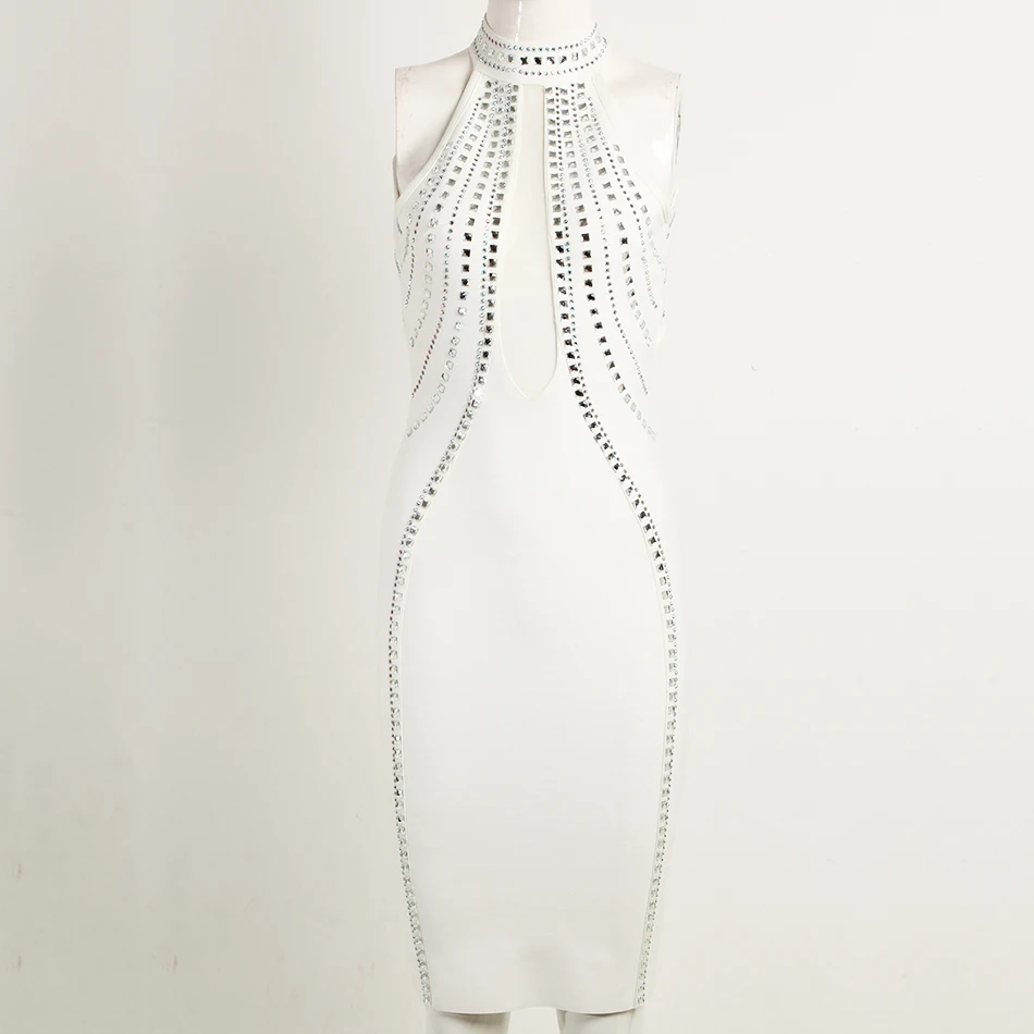 

High Quality Summer Women'S Sexy Mesh See-Through Black Sleeveless Backless Beaded Knee Bandage Dress Fashion Party Dress