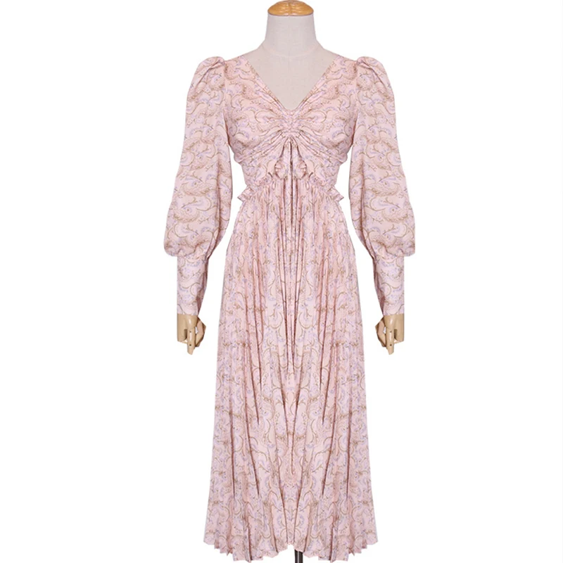 Женское винтажное платье макси Ruched с длинным рукавом цветочный принт Высокая