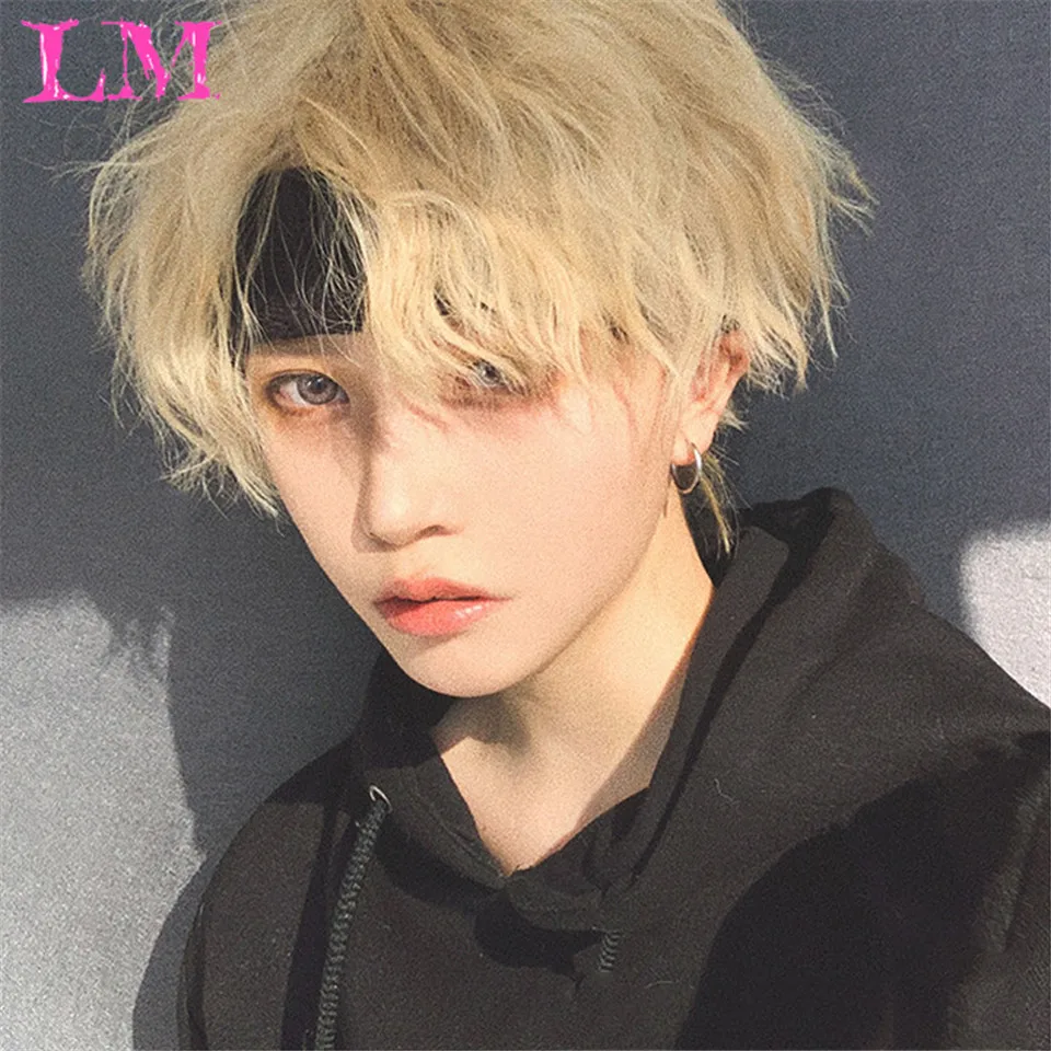 Resistente ao Calor Perucas de Cabelo Curto Encaracolado Cosplay Masculino Menino Festa Luz Amarelo Sintético Peruca Respirável lm