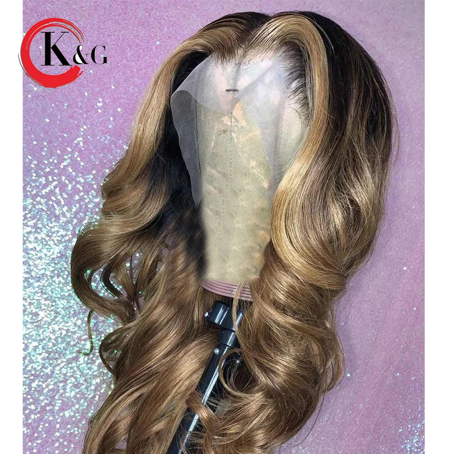 KunGang Ombre Lace Front Human Hair Wigs Wavy Brazilian Remy 13*4 Wig For Women Bleached Knots Pre Plucked | Шиньоны и парики