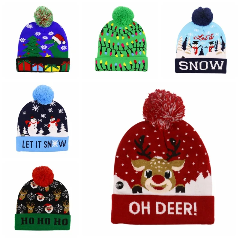 

Christmas Hats Sweater Santa Elk Knitted Beanie Hat with LED Light Up Cartoon Patteren Christmas Gift for Kids New Year Supplies