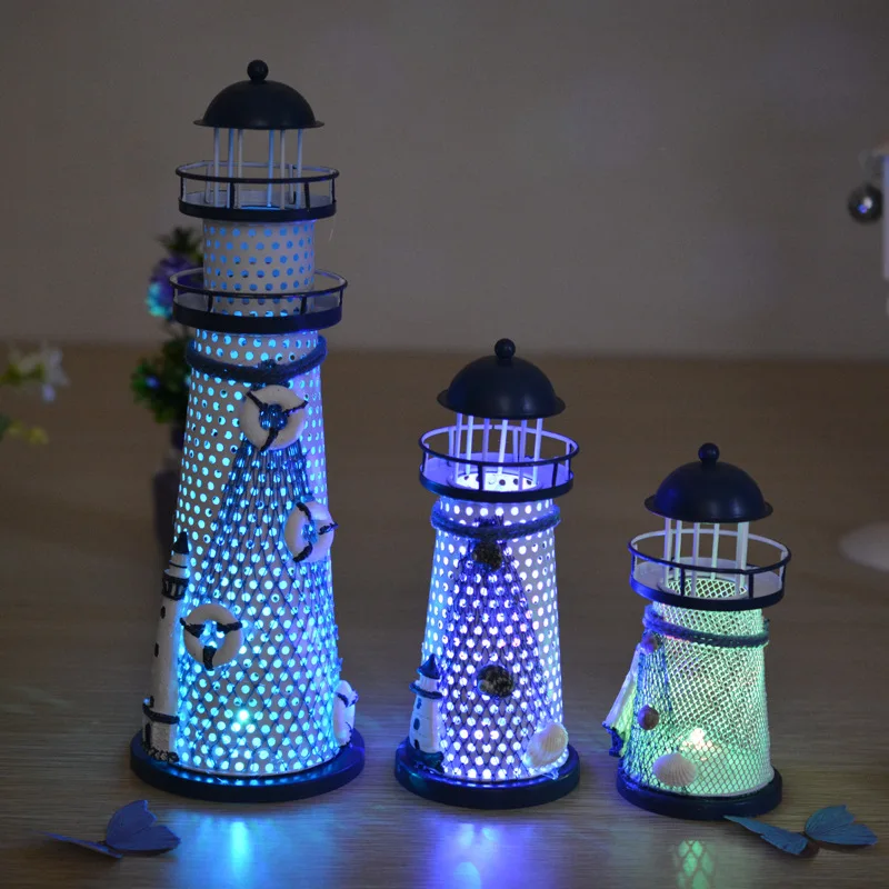 

Handmade Vintage Mediterranean Lighthouse LED Night Light Tower Star Fish Shells Lifebuoy Nautical Home Decoration Lighting Gift