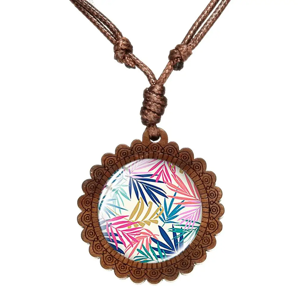 SIAN Palm Leaves Flamingo Charm Wooden Necklace Green Plant And Flower Art Pictures Glass Dome Round Pendant Hand Craft Jewelry | Украшения