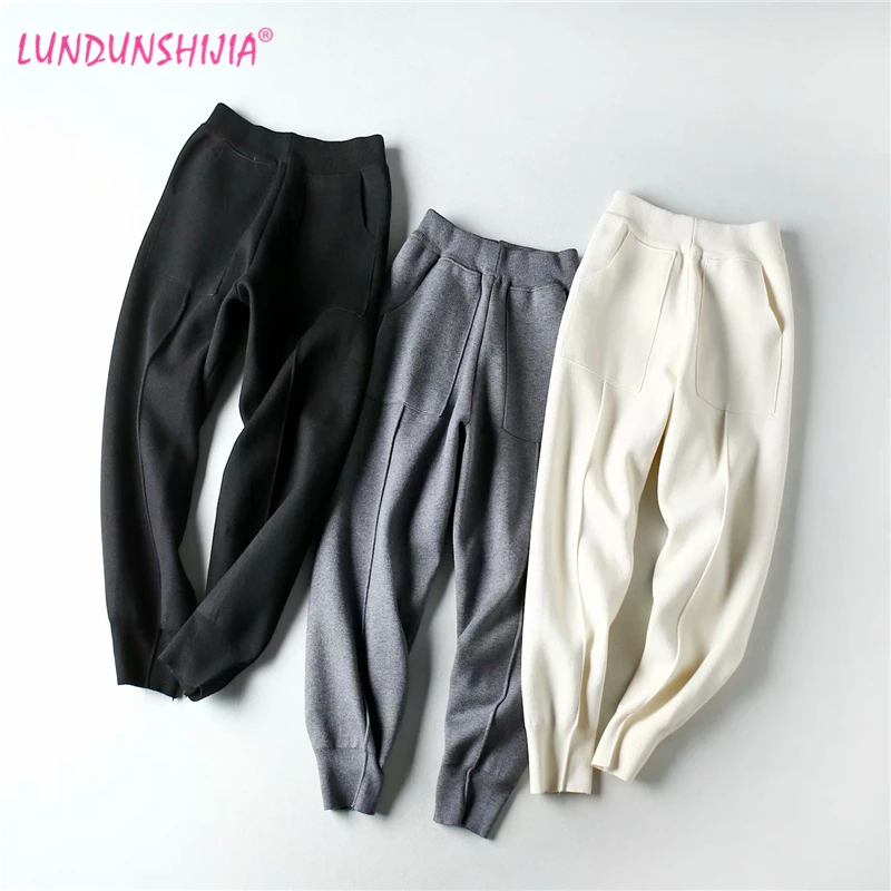 Брюки LUNDUNSHIJIA женские трикотажные Модные шаровары белые черные серые весна-осень