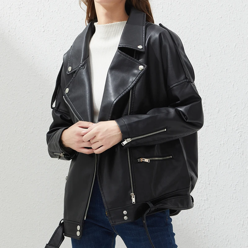 

Spring and Autumn Oversized Leather Jacket Women's Casual Loose Locomotive Coat Women's BF Black Leather Coat