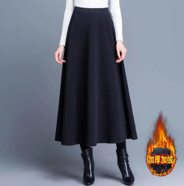 86cm velvet black Женская Новинка осень зима корейский стиль длинная линия толстые теплые шерстяные юбки женские размера плюс 3XL Свободные шерстяные юбки F22 - Цвет: 86cm velvet black