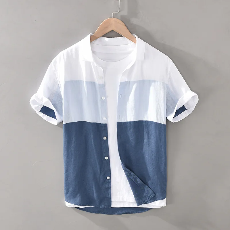 

1728 Men Summer Fashion Japan Simple Harakuju High Quality 100% Linen Fabric Gradient Patchwork Short Sleeve Casual Slim Shirts