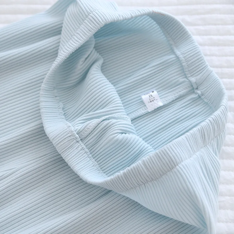 

2021New Spring And Summer 100%Cotton Knitted Pajamas Two-piece Ladies V-neck Simple Home Service Set Sweet Long-sleeved Trousers