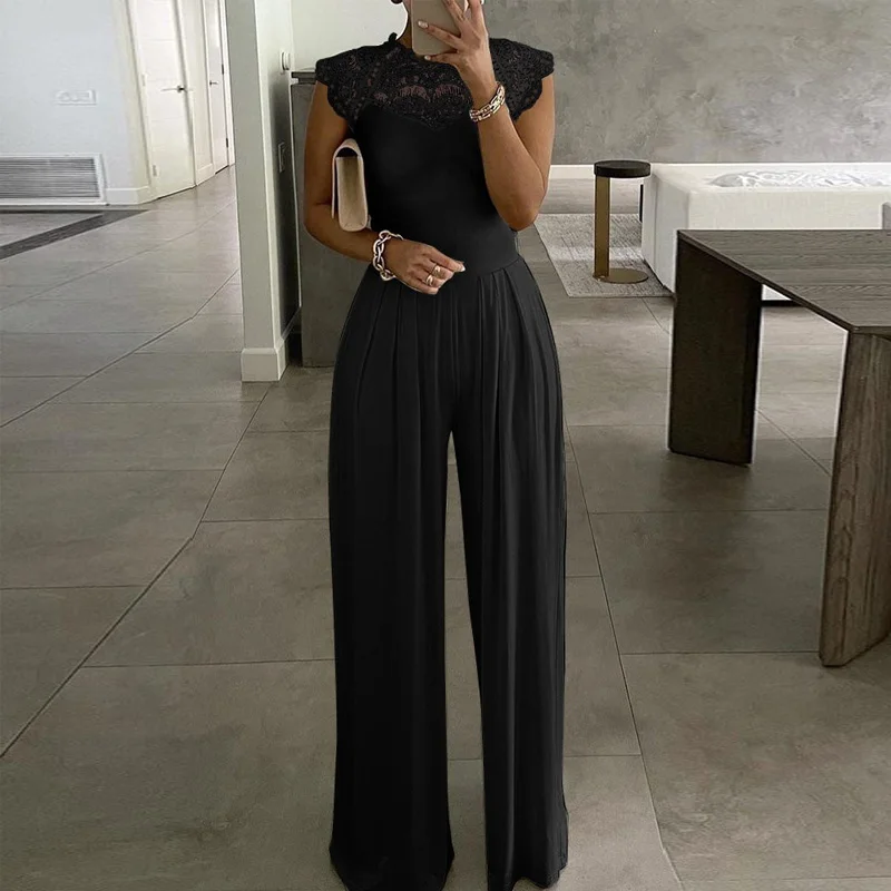 

Elegant Embroidery Lace Design Solid Jumpsuit Office Lady Sexy Sleeveless Wide Leg Romper Fashion Patchwork Hollow Out Playsuits