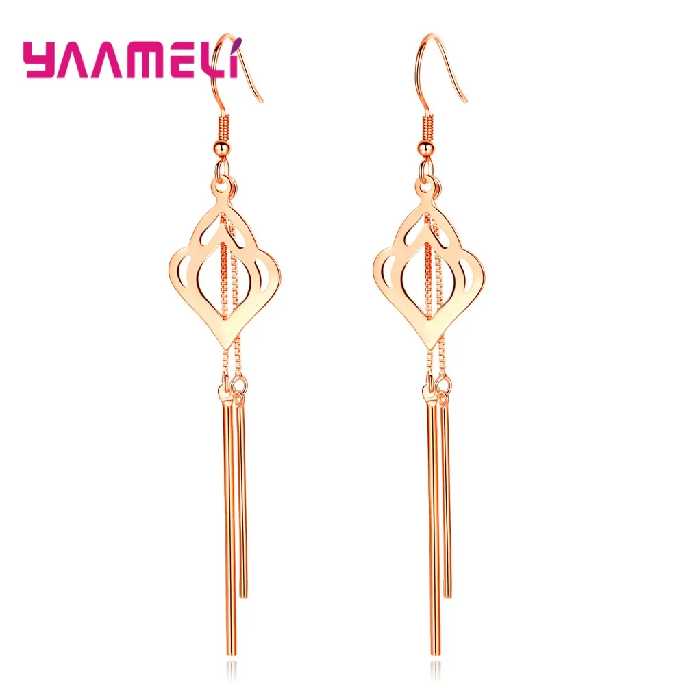 Brincos Rose Gold/Srebrne Fashion Long 925 Sterling Silver Peach Heart Drop Earrings For Women Party Wedding Gift Jewelry