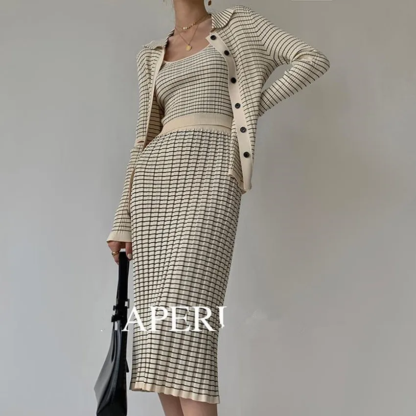 

Женский трикотажный Комплект из 3-х предметов, кардиган + жилет + облегающая юбка на бедрах, осень