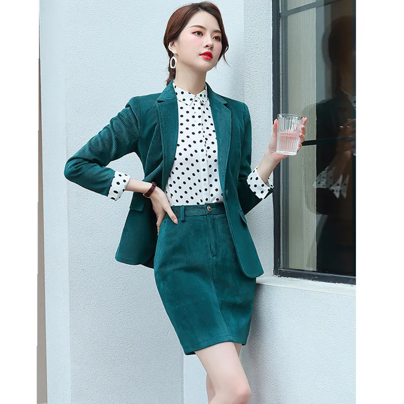 Костюм женский деловой костюм с юбкой 2019 зимний теплый вельветовый комплект из 2