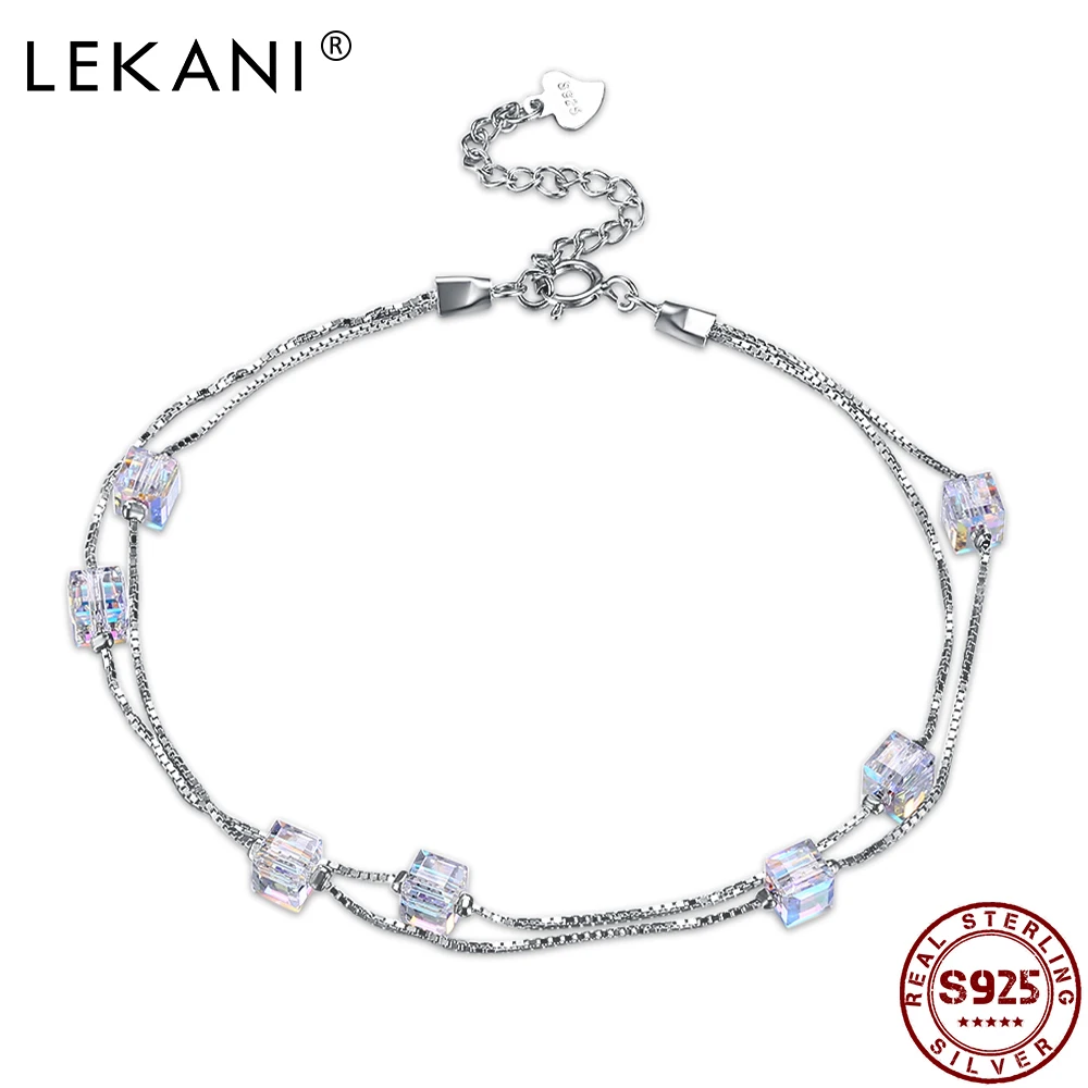 

LEKANI 925 Sterling Silver Bracelets For Women Geometric Square Austria Crystal Adjustable Charm Bangle Bracelet Jewelry Gift