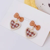 korean new arrive autumn bowknot earring for women charm lattice heart stud earrings wedding jewelry pendant for bridal gift