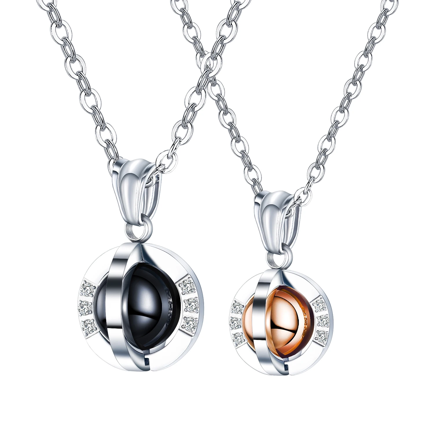 

OPK Couple Love Neaklaces Matching Set The Eerth Black & Rose Gold Pendant for His and Her Stainless Steel Chains GX1617
