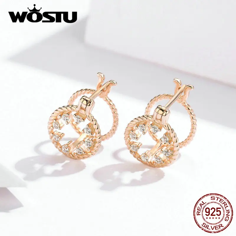 WOSTU, модные, 925 пробы, серебряные, трехмерные круглые серьги-гвоздики, розовое золото, серебро, 925 ювелирные изделия, свадебные серьги CQE697