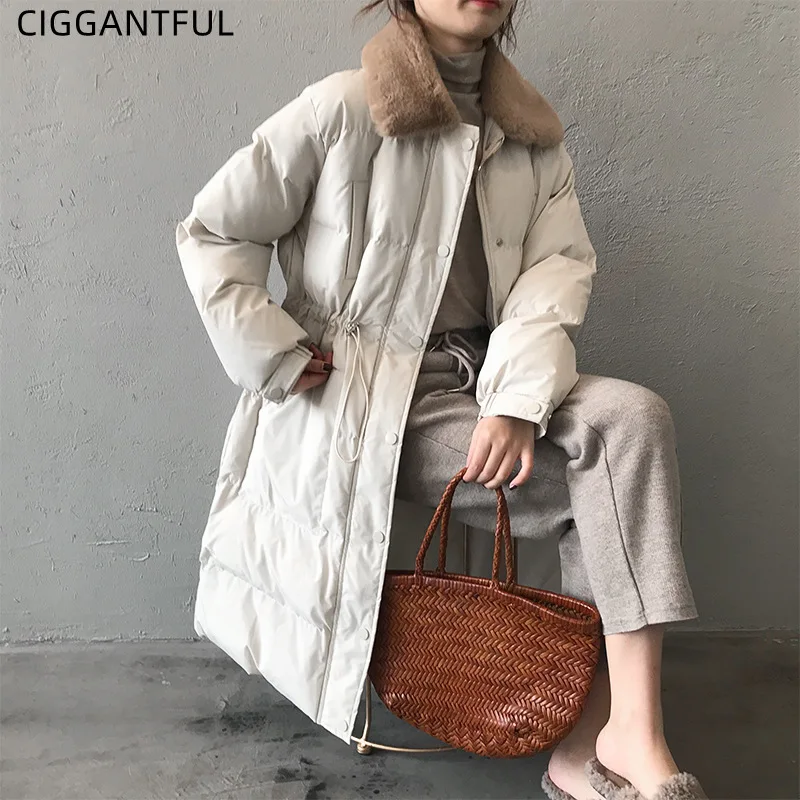 

2021 зимняя пуховая стеганая куртка для женщин с воротником из искусственного кроличьего меха, длинное теплое хлопковое пальто, женская модн...