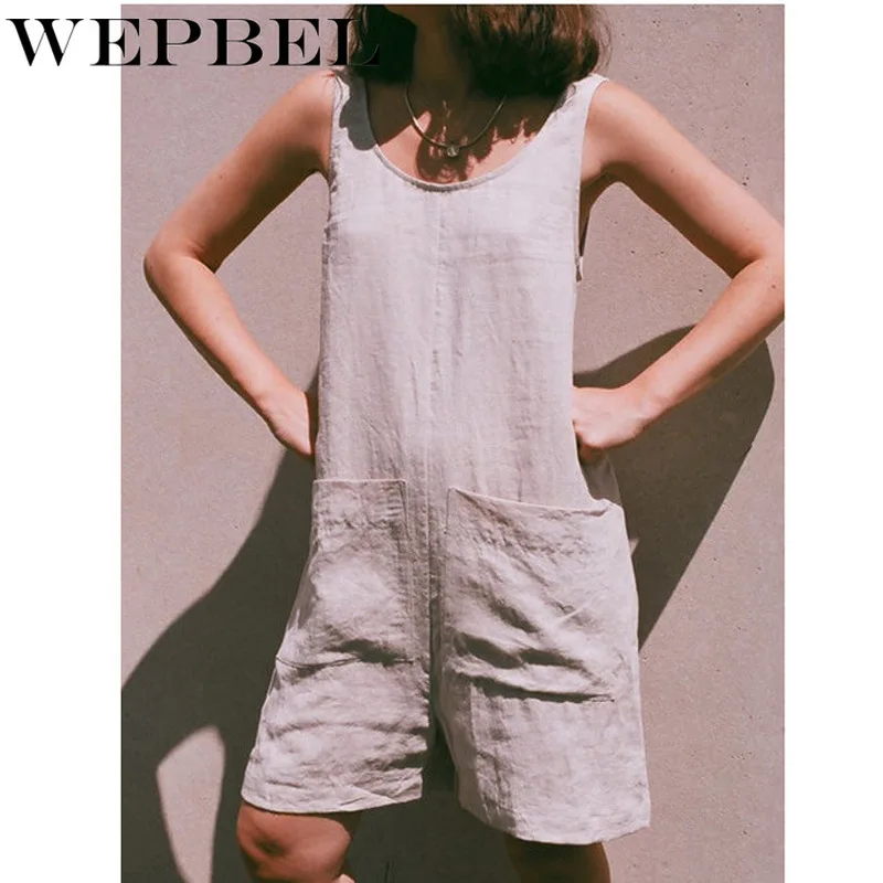 

Mandylandy Women Summer Cotton Linen Loose Romper with Pocket Lady Elegant Solid Sleeveless O Neck Button Playsuit Overalls