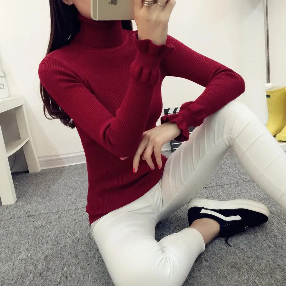 

Knitted Bottoming Shirt 2020 New Autumn Winter Puff Sleeve Thick Pullover Sweaters Turtleneck Slim Women's Pullover Jumper Tops