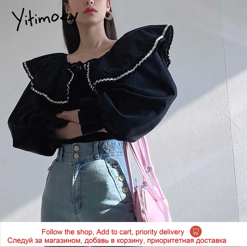 

Yitimoky Vintage Women Tops Slash Neck Ruffle 2021 Summer Fashion Korean New Ruched Spliced Lantern Sleeve Loose Casual Shirts