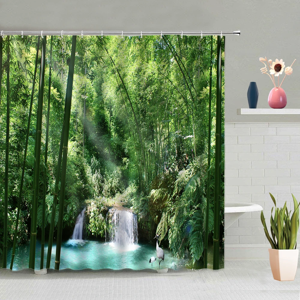 

Waterfall Scenery Waterproof Shower Curtain Spring Mountain Water Forest Natural Scenic Bathroom Decor Bath Screen Curtains Hook