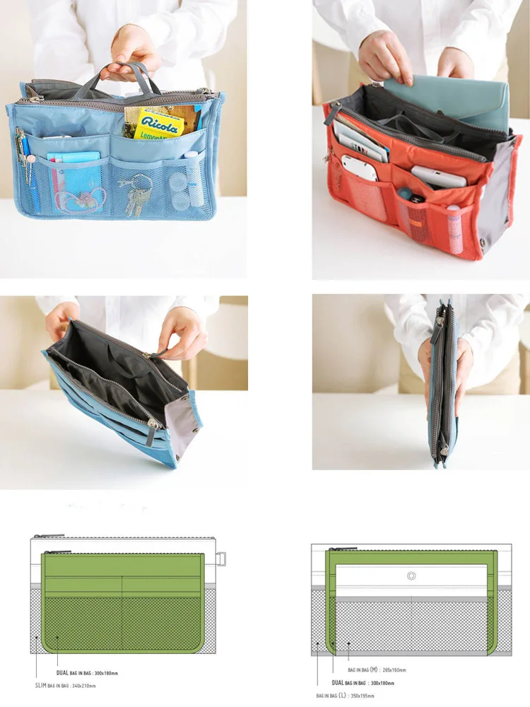 Женская косметичка органайзер сумка в сумке двойная молния портативная