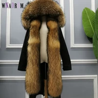 real fur coat super big raccoon fur collar hood winter jacket women parka natural mink fur liner thick detachable 90cm length