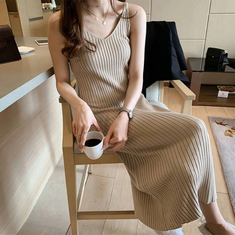 

New style knitting bottoming medium length suspender dress summer autumn medium length skirt show thin temperament dress SS1023