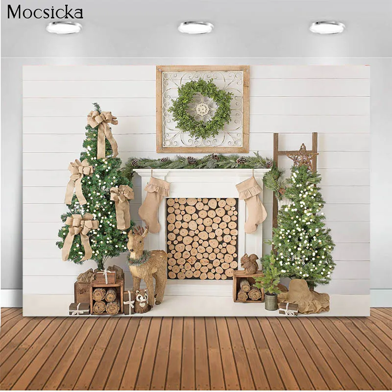 

Christmas Tree Photography Background Brick Wall Backdrops Fireplace Backdrops Decor Photocall Background Photo Studio Banner