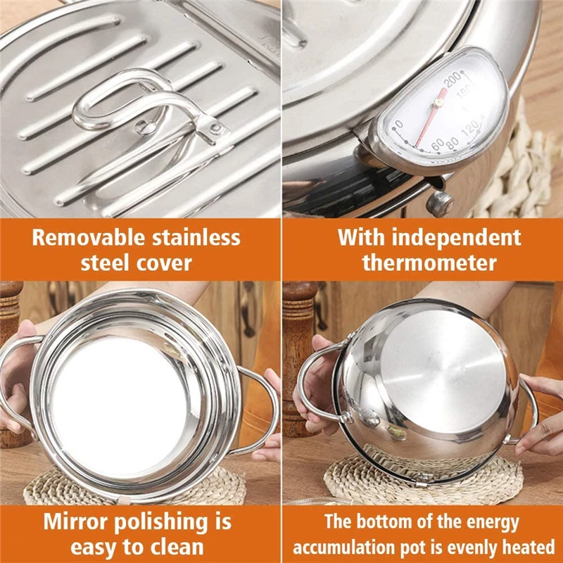 

304 Stainless Steel Tempura Deep Fryer Pot Thermometer Chicken Fries Fish Shrimp Oil Frying Cooking Pot Cookware Kitchen Pan
