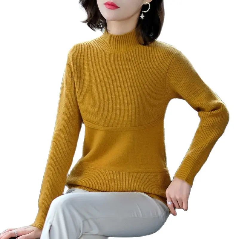 Short sweater, female top 2021 autumn and winter, new loose, semi high collar, pure color, bottoming, top sweater tide.