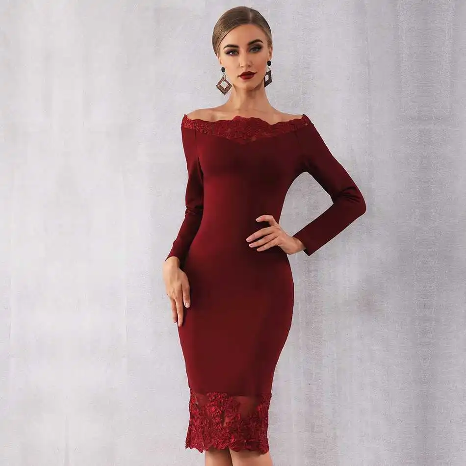 Seamyla, новинка, женское Бандажное платье, Vestidos, с вырезом лодочкой, кружевное, для знаменитостей, вечерние, сексуальное, винно-красное, черное, облегающее, Клубное платье