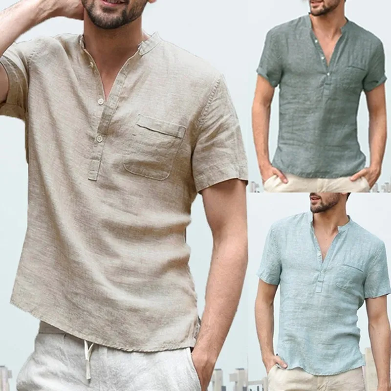 

WEPBEL Men's Casual Short Sleeve V-neck Pocket Button T-shirt Top Summer Fashion Solid Color Loose T-shirt