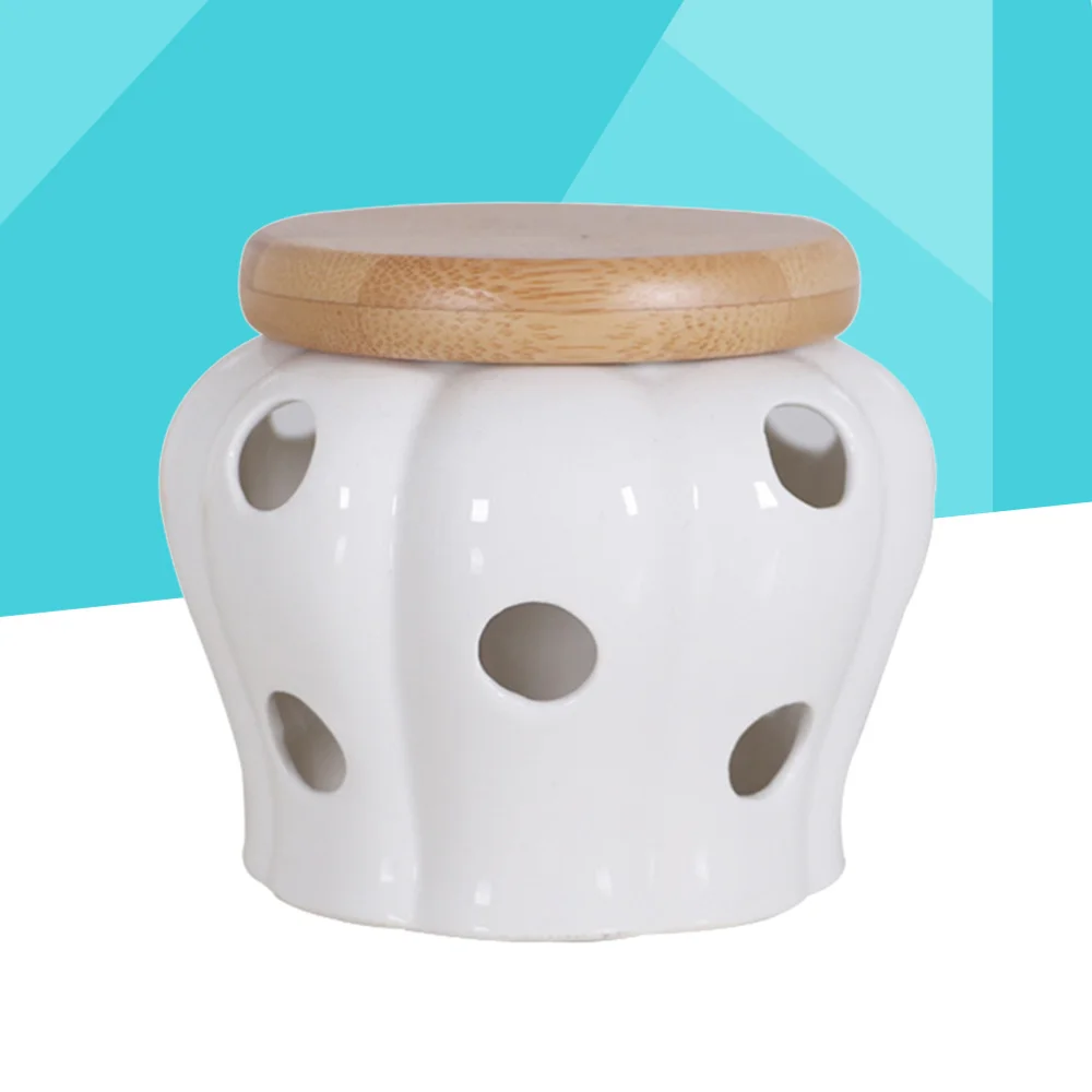 Round Ceramics Jars Storage Container with Bamboo Lids for Sealing Garlic Ginger |