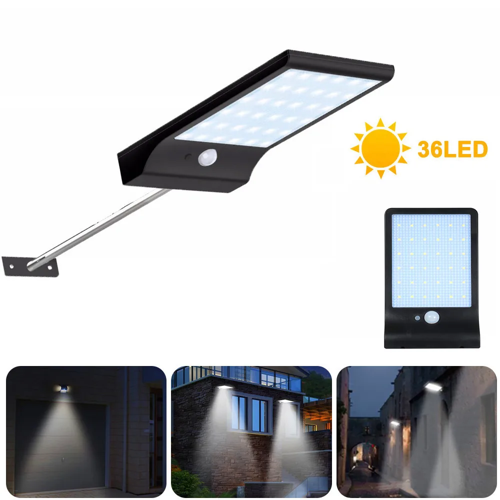 

3.7V/2200mAh 36 LED Solar Wall Light Outdoor With PIR Motion Sensor 3 Modes Waterproof IP65 For Path Garage Garden Street Lamp