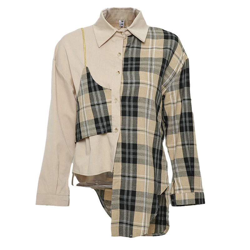 

Loose Fit Shirt Fashion Tide Spring Autumn 2021 Women Plaid Irregular Spliced Blouse New Lapel Long Sleeve