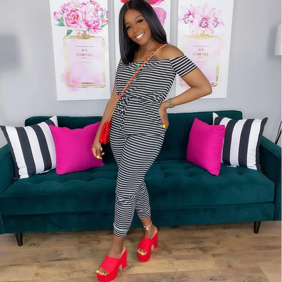 

Striped Word Collar Jumpsuit Women Round Neck Home Casual Women Summer Party High Waist Street Vintage Slim Girl Jumpsuit 2021