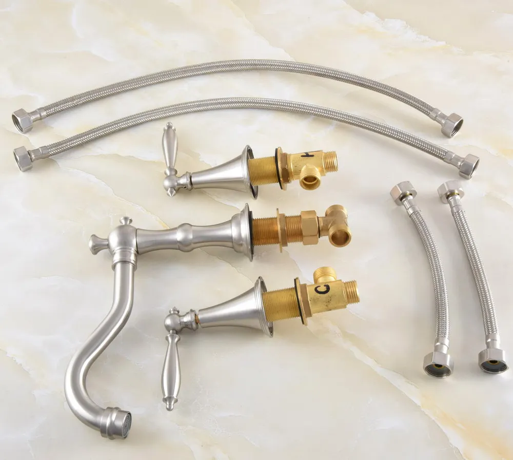 

Brushed Nickel Brass Deck Mounted Dual Handles Widespread Bathroom 3 Holes Basin Faucet Mixer Water Taps mnf685